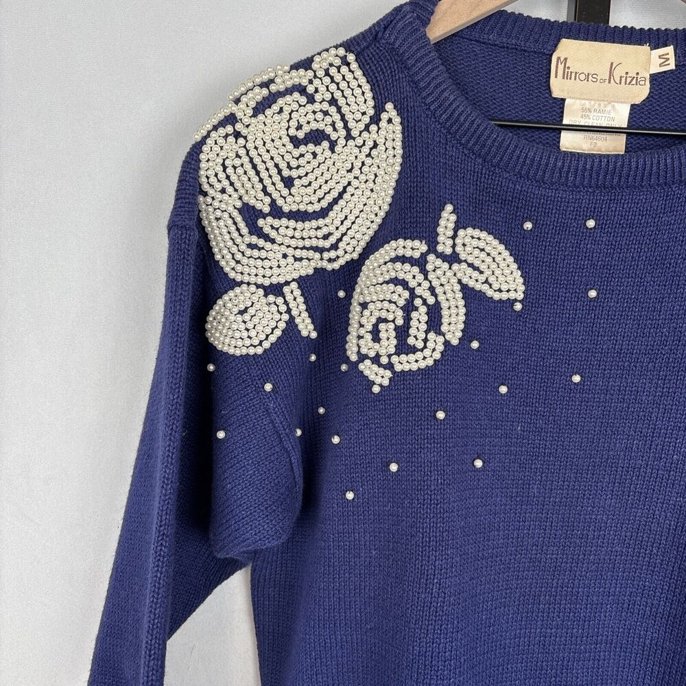 Vintage Mirrors of Krizia Sweater M Indigo Pullover Pearl Flower Shoulder Button - Picture 4 of 12